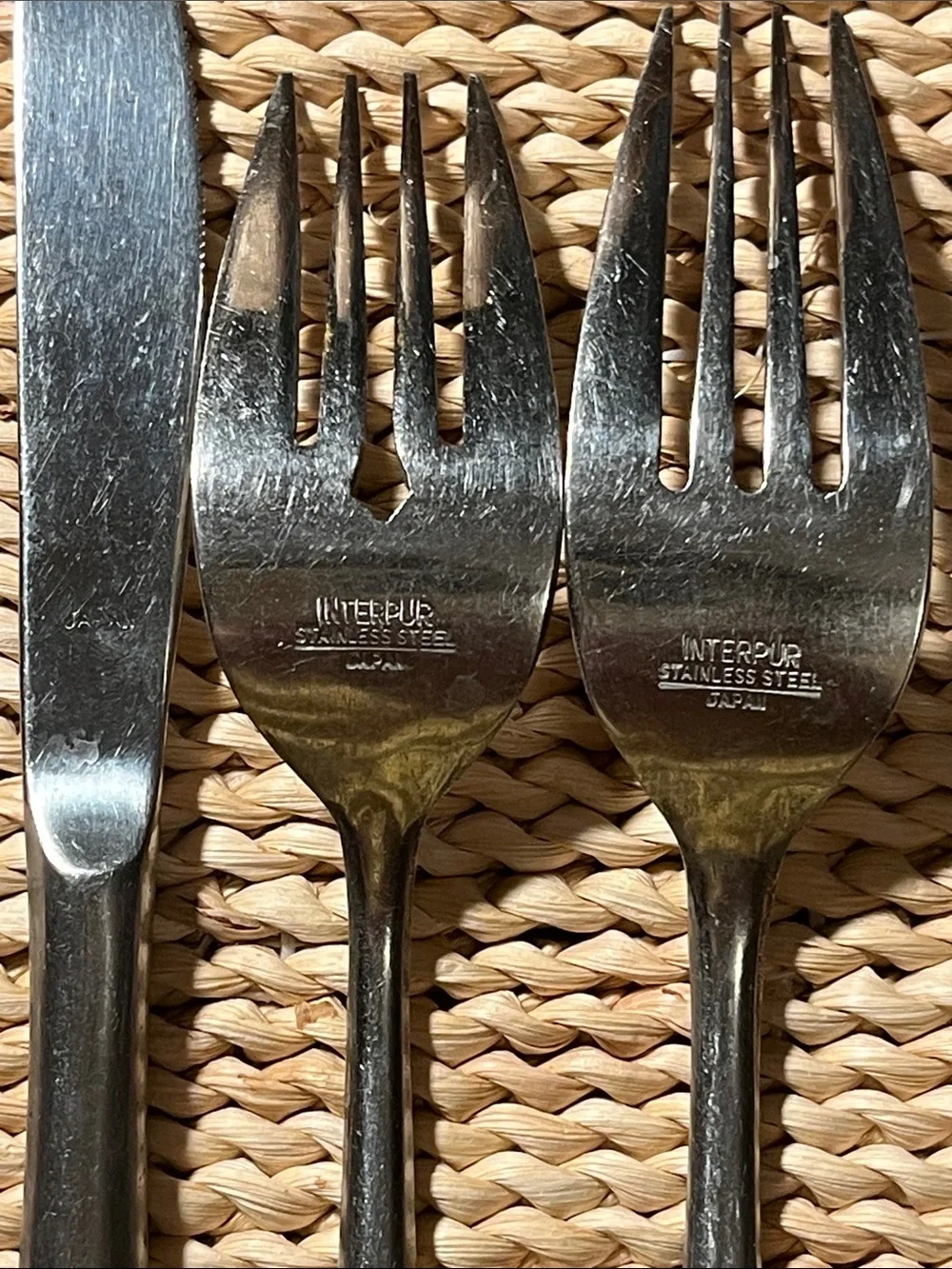 Vtg MCM Interpur 12 pc Wood Handle Silverware 4 knives 4 sm and 4 lg forks